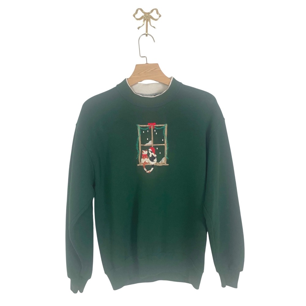 Vintage Top Threads Christmas Cats Window Sweatshirt Green Mock Neck Medium